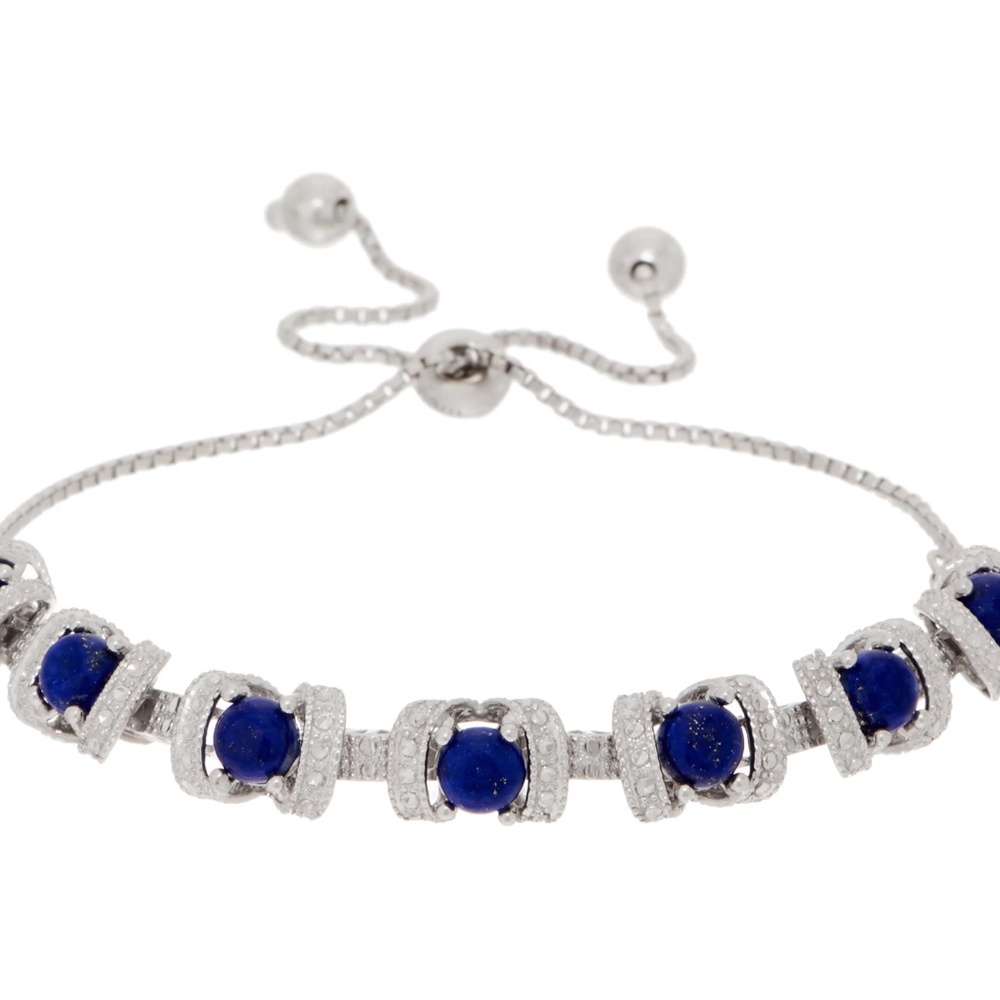 Gemstone Diamond Cut Adjustable Bracelet, Sterling Silver - Blue Lapis